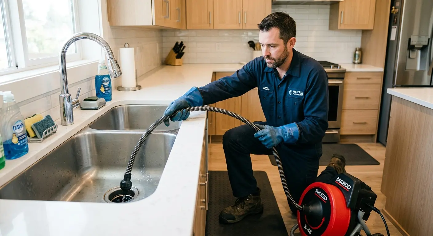 Drain cleaning technician using a motorized snake on a kitchen sink in Mount Healthy