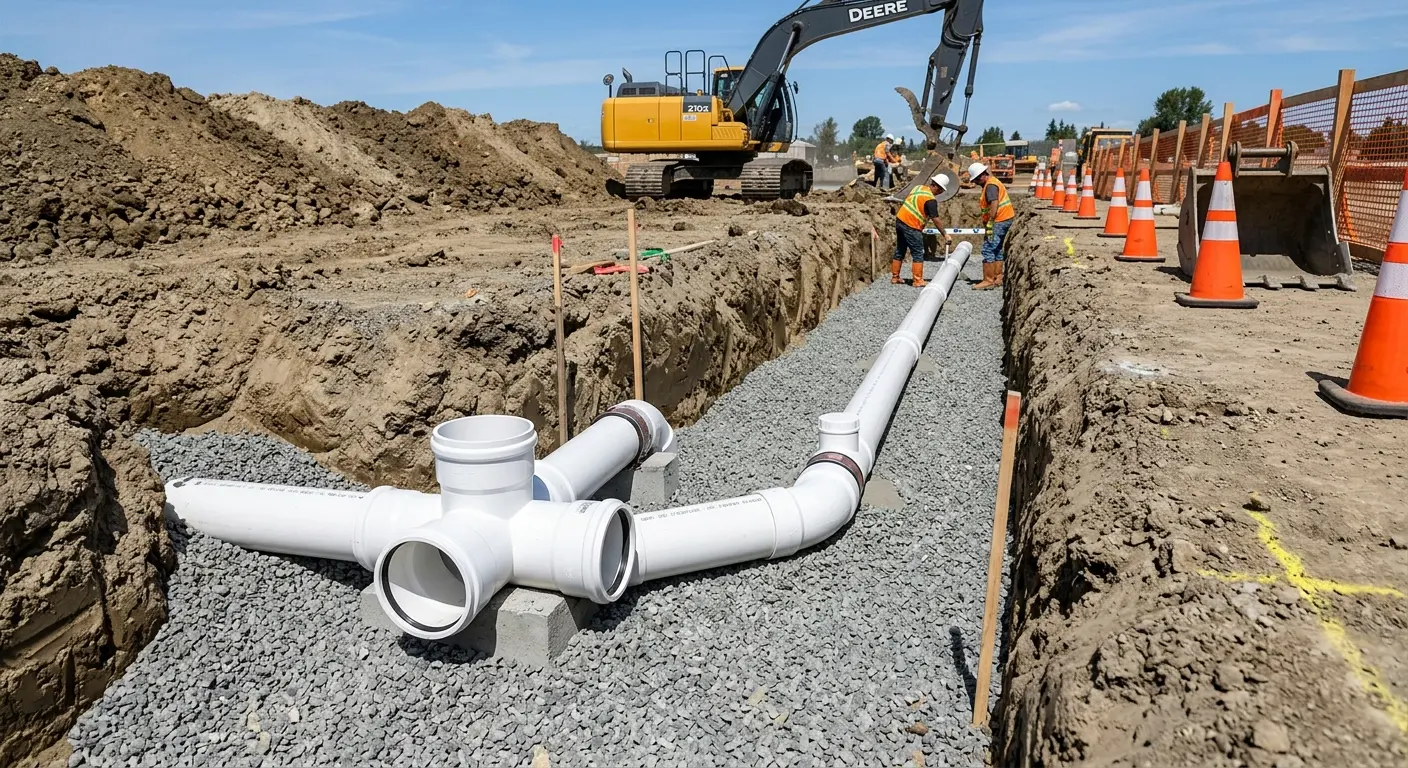 New PVC sewer pipe installation in open trench for Sewer Backup in Mount Healthy